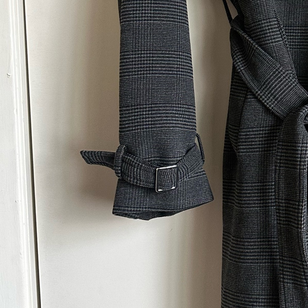 MAEVE Anthropologie Dark Gray Plaid Trench Coat with Belt